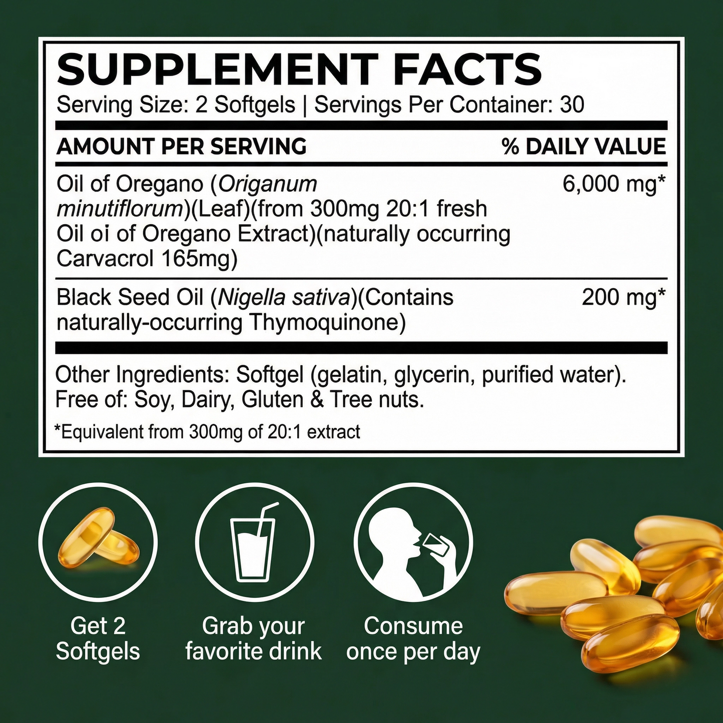 Oil of Oregano Softgels 6000mg + Black Seed Oil – Immune & Gut Support – Non-GMO – 60 Capsules