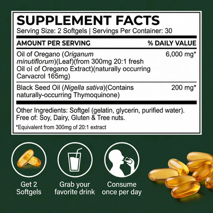 Oil of Oregano Softgels 6000mg + Black Seed Oil – Immune & Gut Support – Non-GMO – 60 Capsules